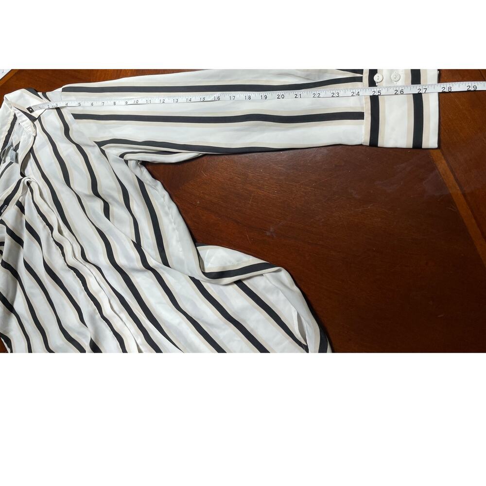 H&M Womens Blouse Size 12 Button Up Long Sleeve Stripe Collar White Black Beige - Picture 7 of 8
